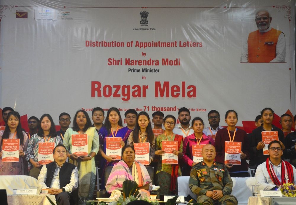 Kumari Pratima Bhoumik, Union Minister of State for Social Justice and Empowerment along with other officials and recently appointed candidates during Rozgar Mela in Dimapur, Nagaland on May 16. (Photo by Caisii Mao)